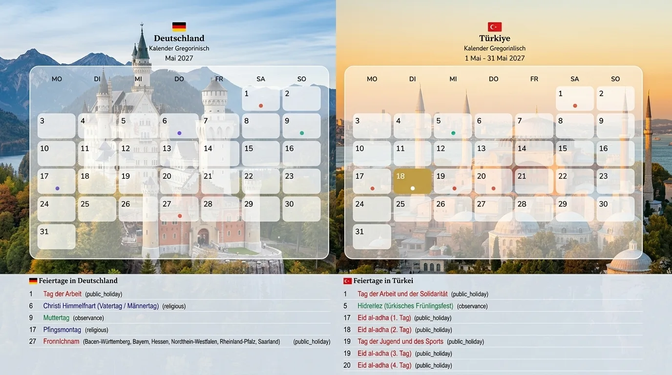 Feiertage und Schulferien 2027: Kalendervergleich Deutschland und Türkei für Urlaubsplanung