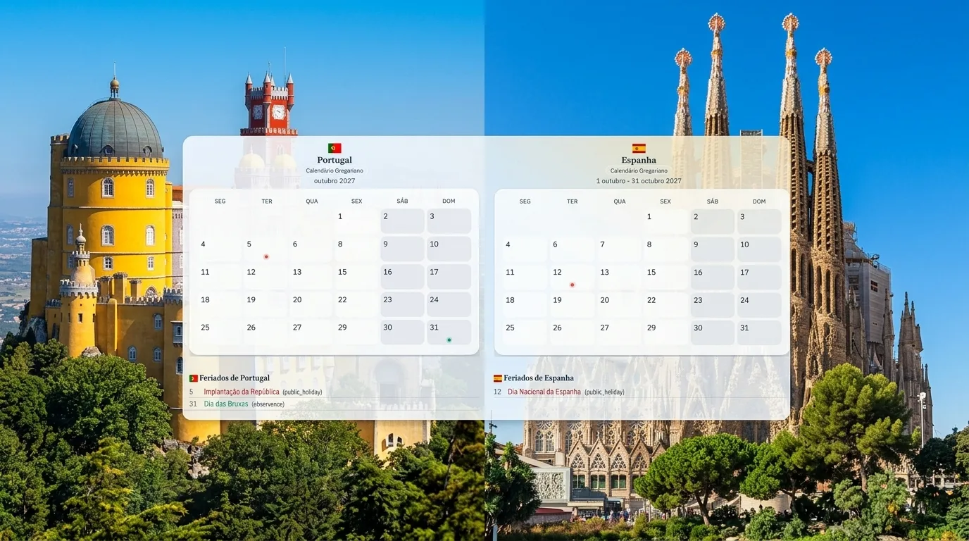 Calendários de Portugal e Espanha 2027 comparados para planear férias