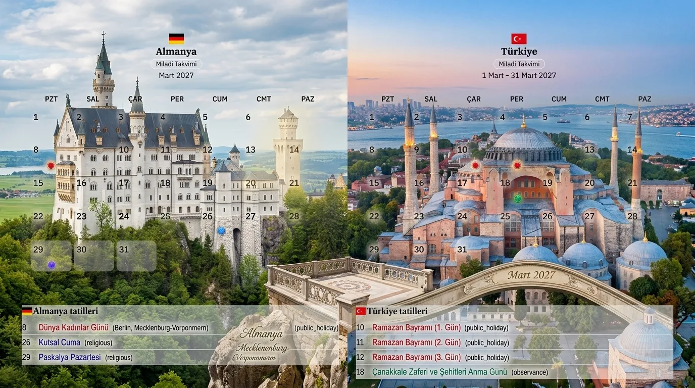 Almanya ve Türkiye 2027 tatil takvimi karşılaştırması — Feiertage, Bayram ve Brückentage