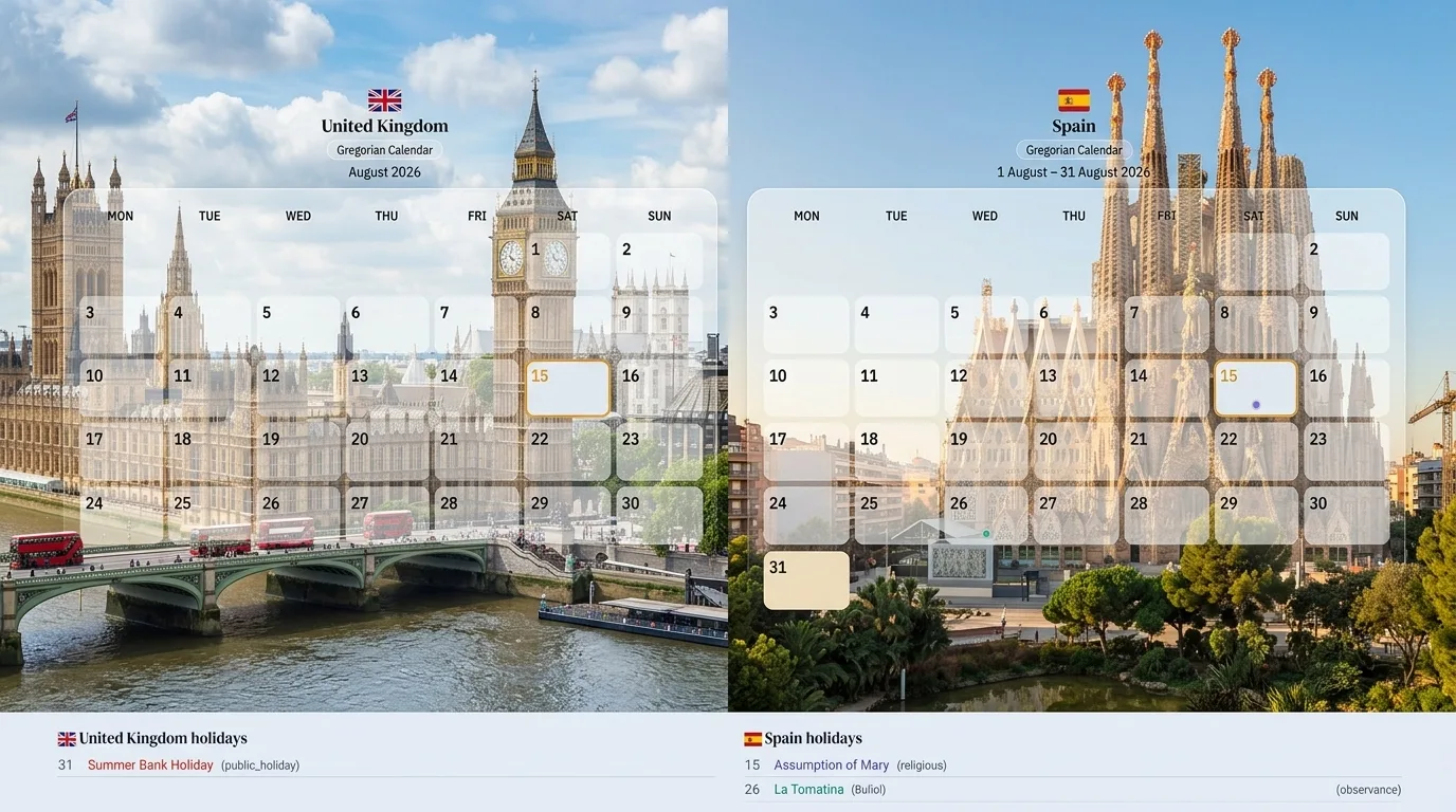 UK and Spain holiday calendars 2026 compared — bank holidays, Spanish public holidays and best short-trip windows