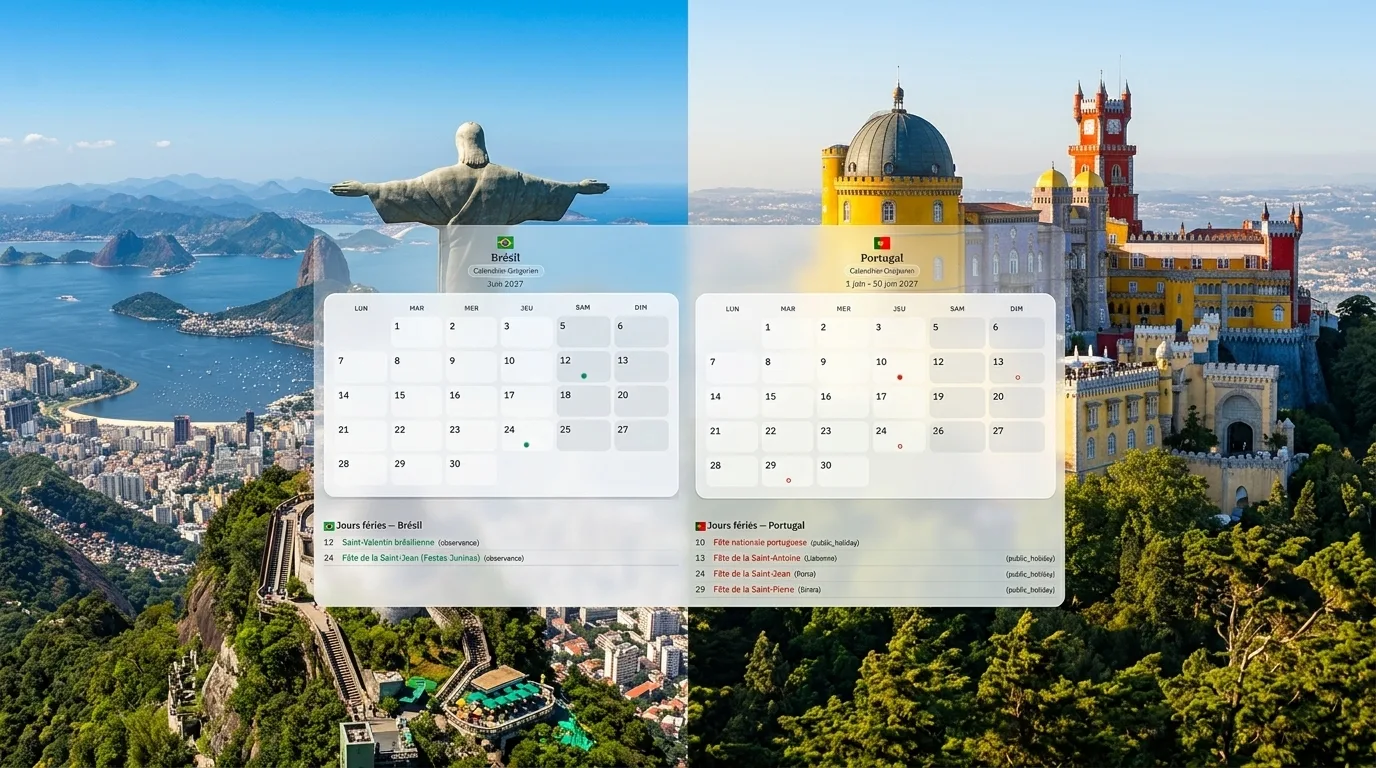 Calendários do Brasil e de Portugal 2027 lado a lado — feriados, pontes e planejamento de viagem