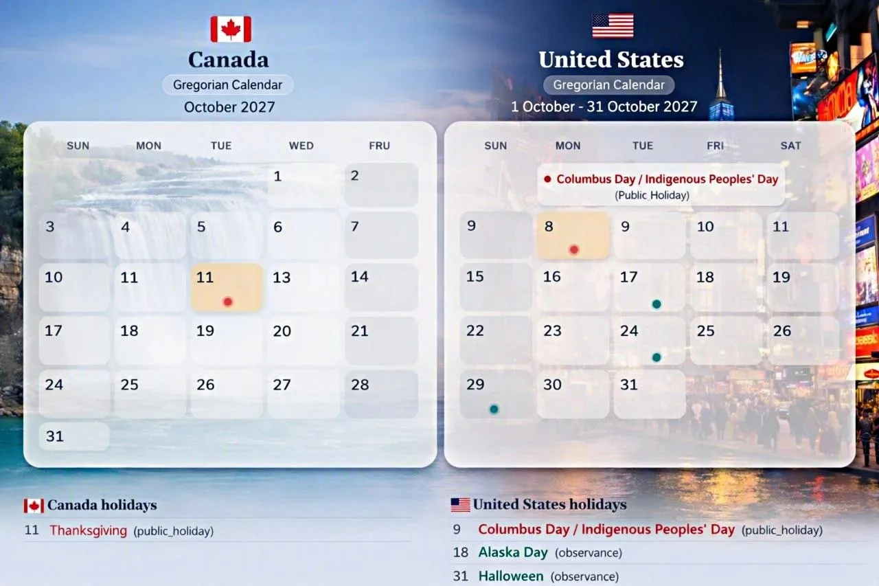 Canada and US 2027 holiday calendars compared for Canadian travellers planning trips to the United States