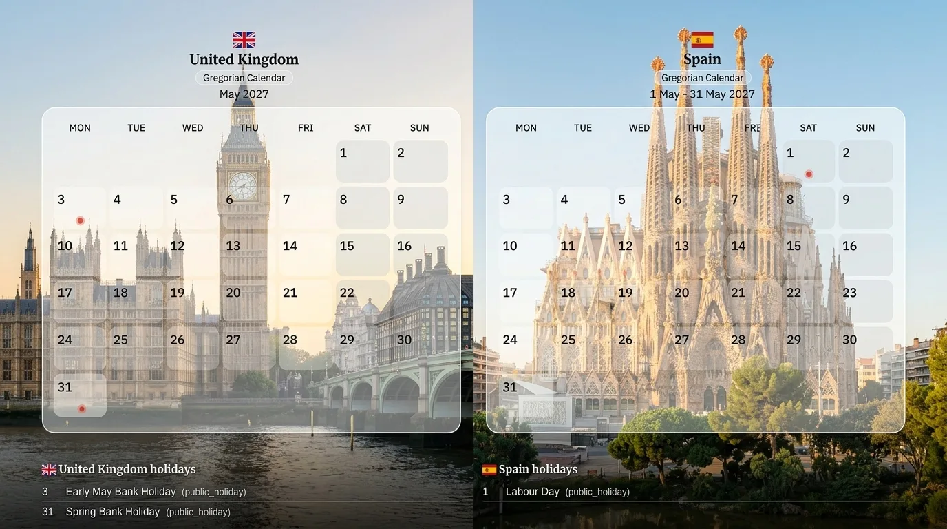 UK and Spain holiday calendars 2027 compared — bank holidays, Spanish public holidays and best short-trip windows