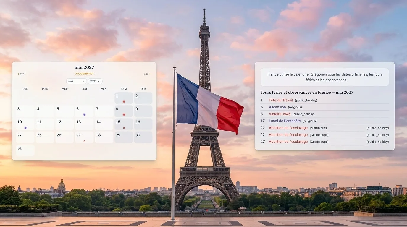 Calendrier des jours fériés 2027 en France avec les ponts de l’Ascension et du 11 novembre