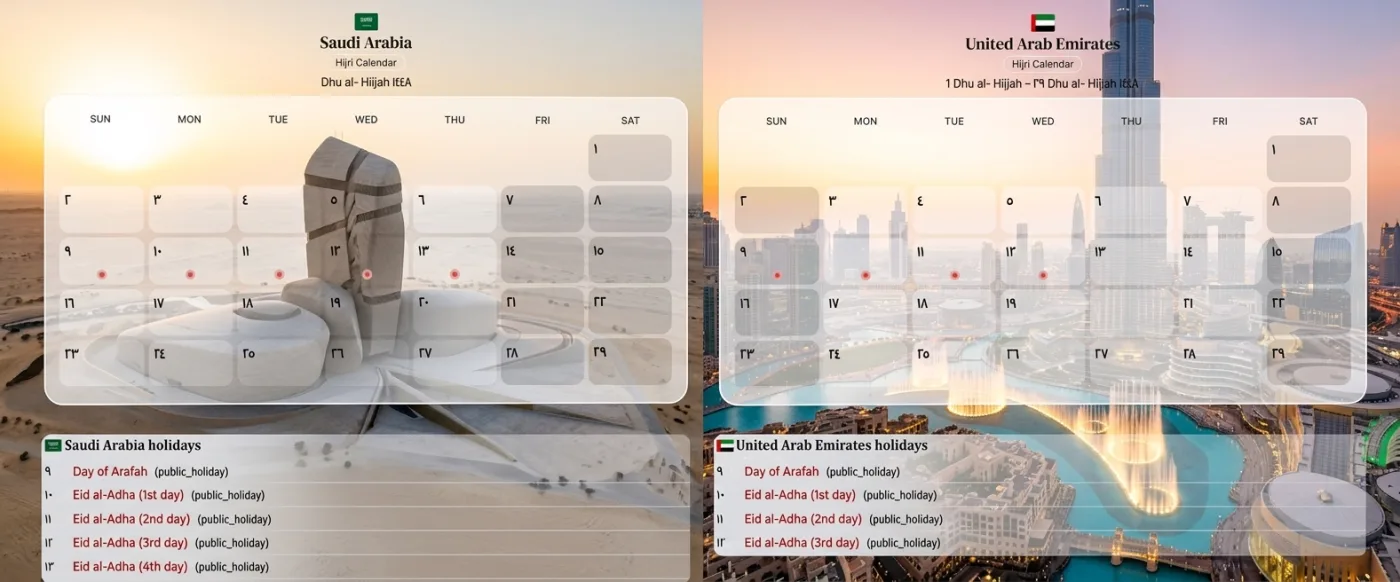 Saudi Arabia and UAE holiday calendars 2026 compared — public holidays, weekends and travel planning