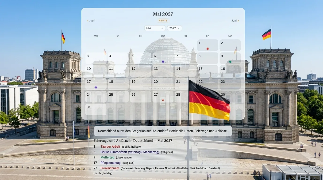 Feiertage 2027 in Deutschland: Kalender mit bundesweiten und regionalen Feiertagen sowie Brückentagen