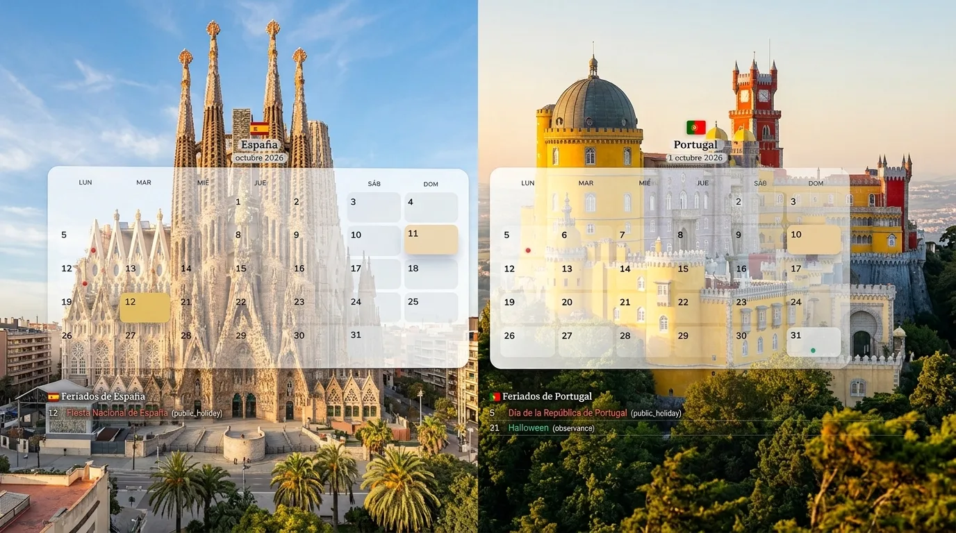 Festivos de España y Portugal 2026 comparados — puentes de octubre a diciembre y vacaciones