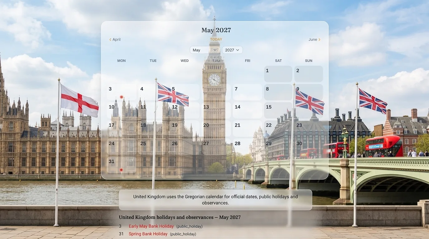 UK bank holidays 2027 calendar for England and Wales showing Early May, Spring and Summer