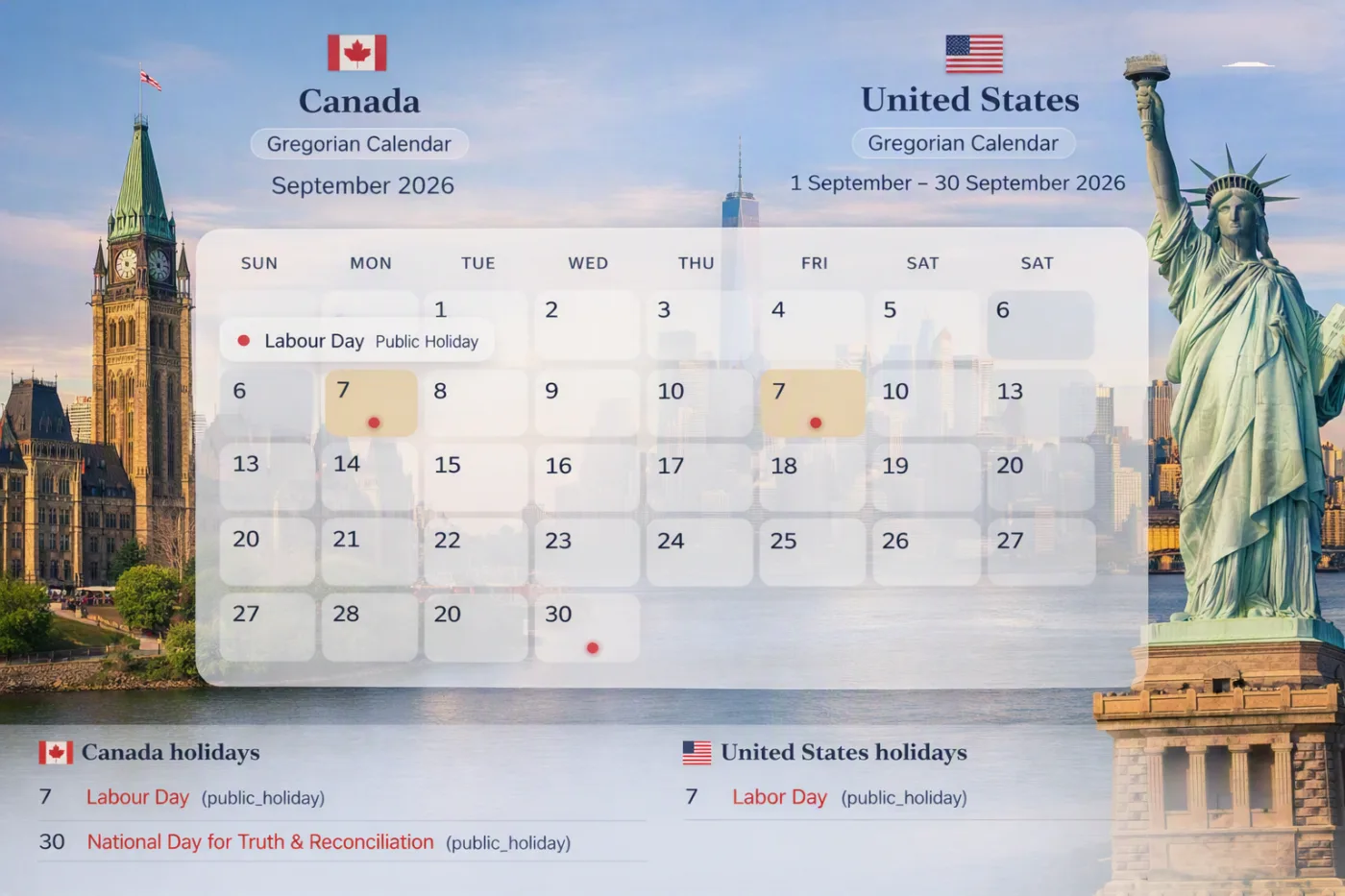 Canada and US holiday calendars 2026 compared, showing statutory holidays, federal holidays and long weekend opportunities