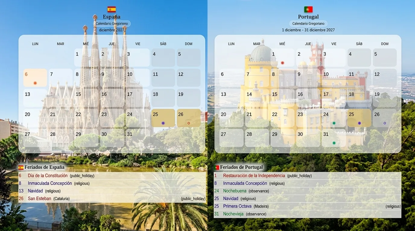 Calendarios de festivos de España y Portugal 2027 comparados — puentes y vacaciones